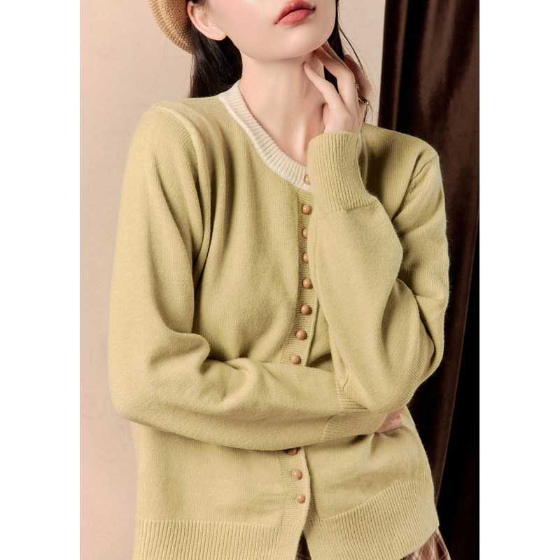 Women Yellow O Neck Button Knit Coats Winter