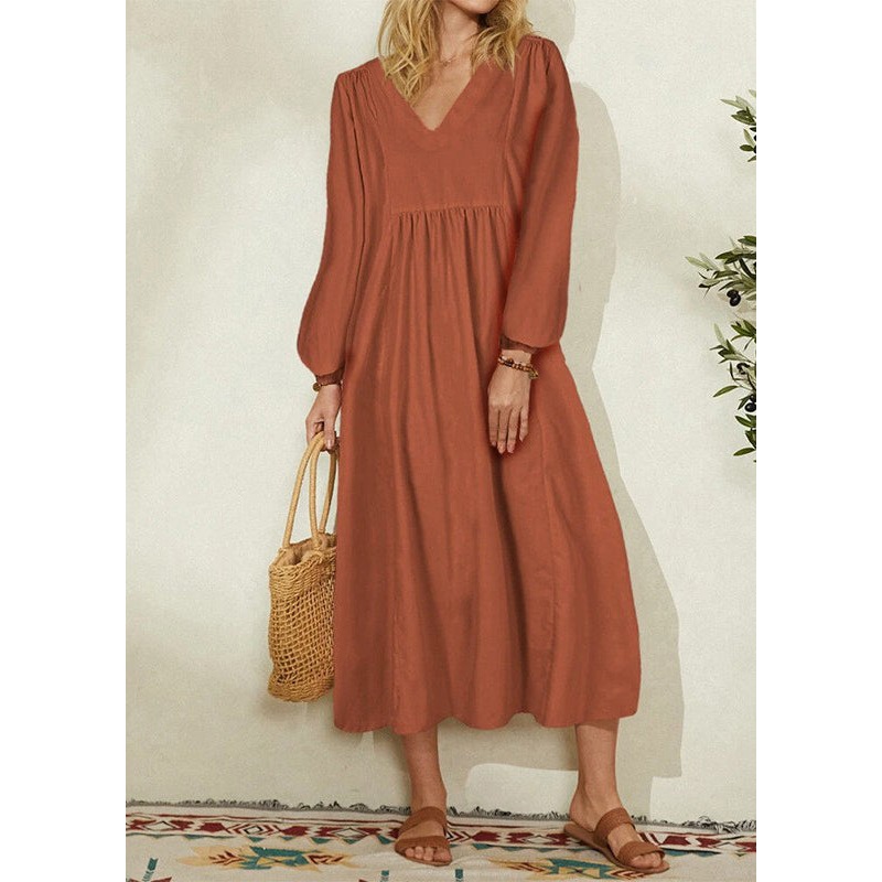 2024 Women’s Orange Cotton Linen Loose Balloon Sleeve Dress