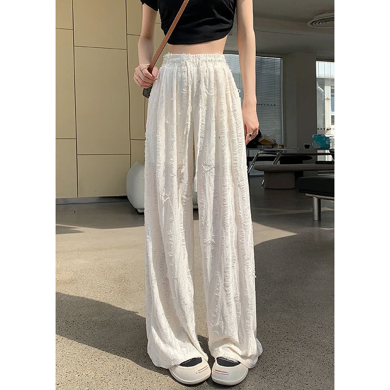 Apricot Hole Pockets Summer Pants Elastic Waist