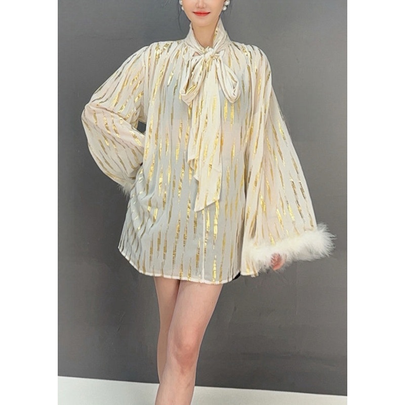 Art Beige Bow Striped Patchwork Shirt Flare Sleeve