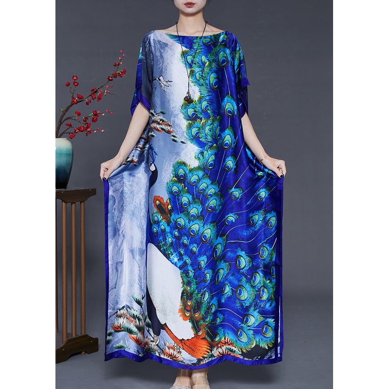 Art Peacock Blue Print Silk Holiday Dress Batwing Sleeve