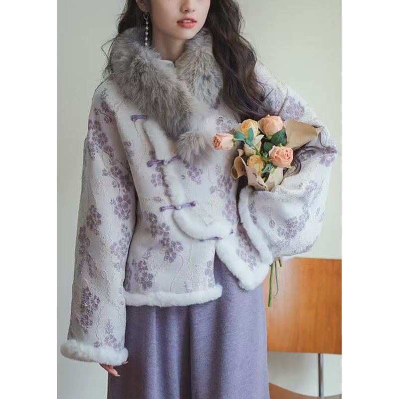 Art Purple Button Print Patchwork Cotton Filled Coats Spring