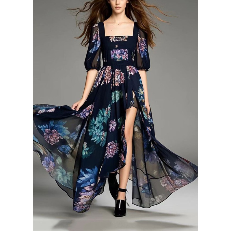 Beautiful Black Print Asymmetrical Design Chiffon Dress Summer