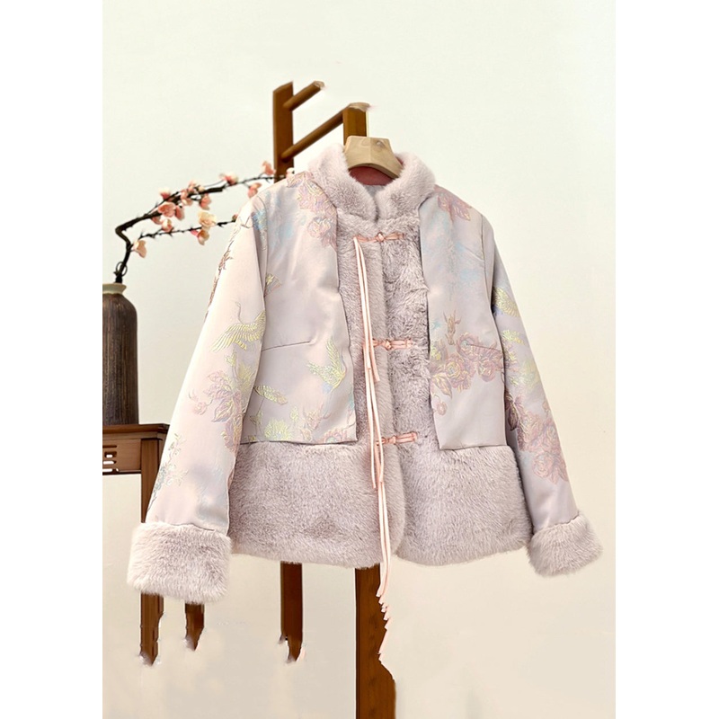 Beautiful Pink Fur Collar Print Patchwork Parka Winter