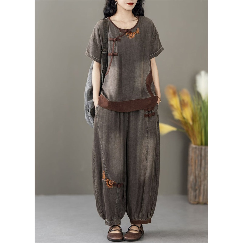 Black Pockets Waist Patchwork Denim Two Pieces Set O Neck Short Sleeve