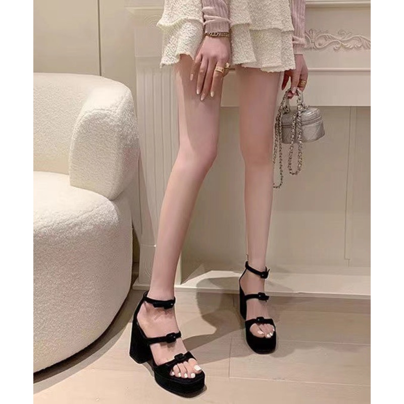 Black Sandals Chunky Heel Suede Comfy Hollow Out Sandals