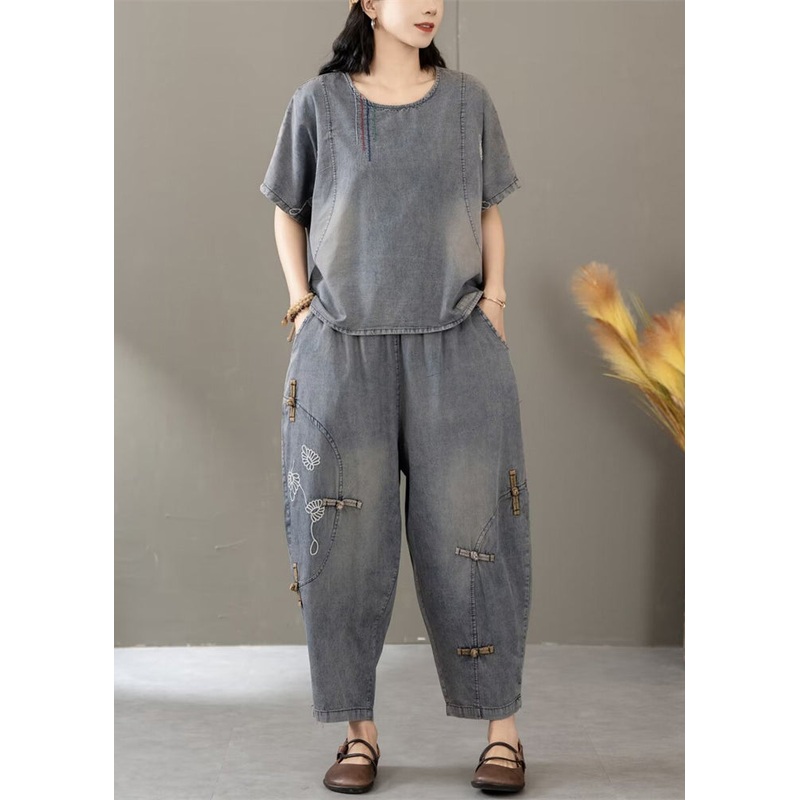 Blue Pockets Patchwork Denim Two Piece Set O Neck Short Sleeve