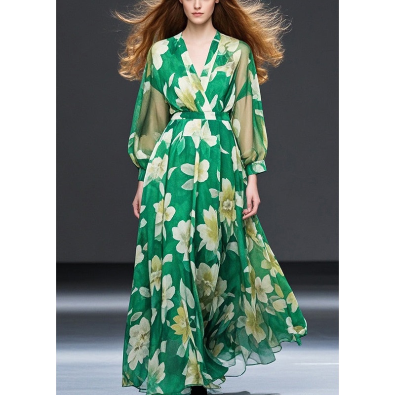 Bohemian Grass Green Cinched Floral Chiffon Maxi Dresses Fall
