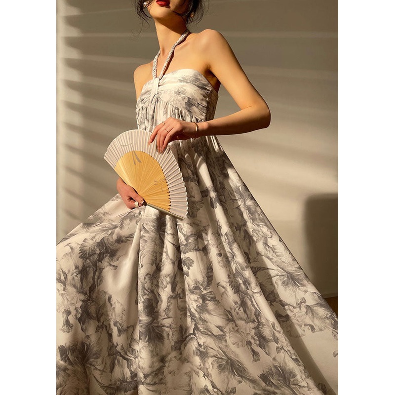 Bohemian Grey Cold Shoulder Print Extra Large Hem Chiffon Dress Sleeveless