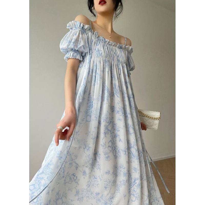 Bohemian Light Blue Ruffled Wrinkled Print Chiffon Spaghetti Strap Dresses Sleeveless