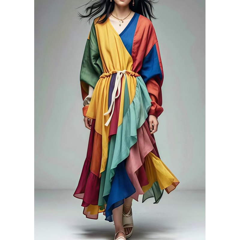 Bohemian Rainbow Ruffled Patchwork Cotton Cinched Dress Summer