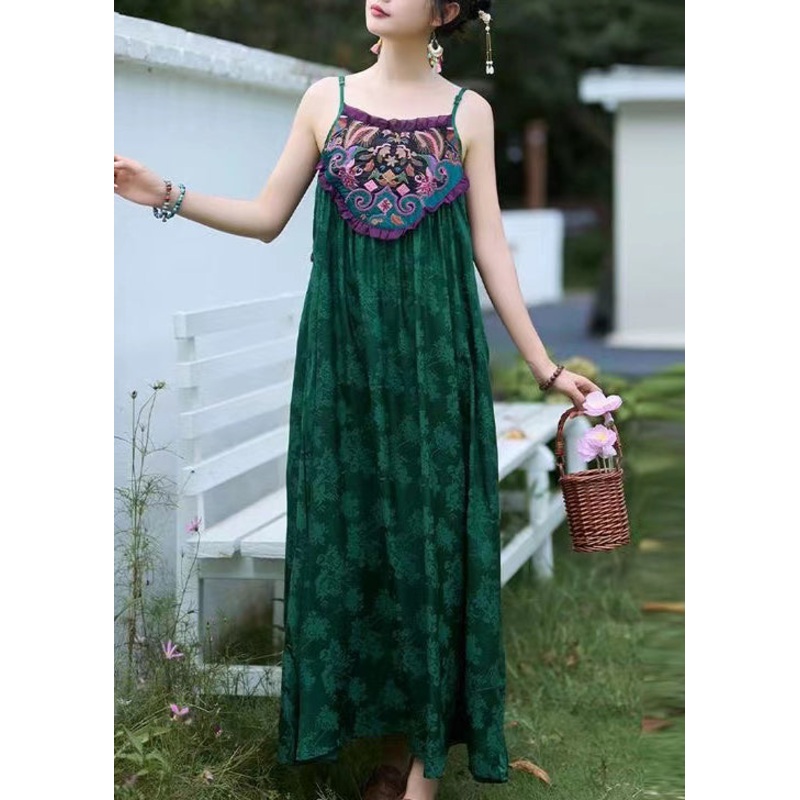 Boho Green Embroidered Jacquard Silk Spaghetti Strap Dress Sleeveless