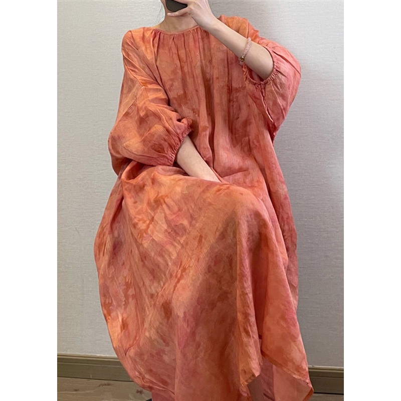 Boutique Orange O-Neck Print Maxi Dresses Long Sleeve