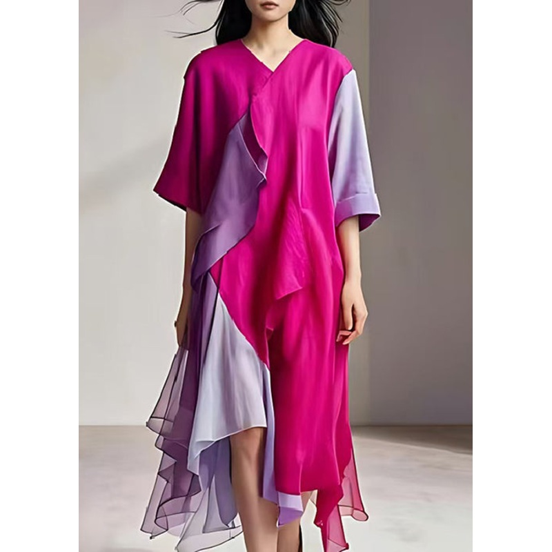 Boutique Rose Asymmetrical Patchwork Cotton Long Dresses Summer