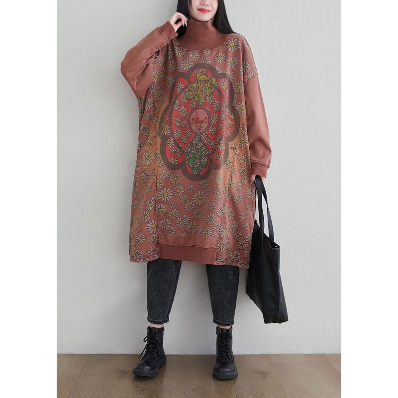 Brick Red Print Patchwork Cotton Dresses Hign Neck Spring