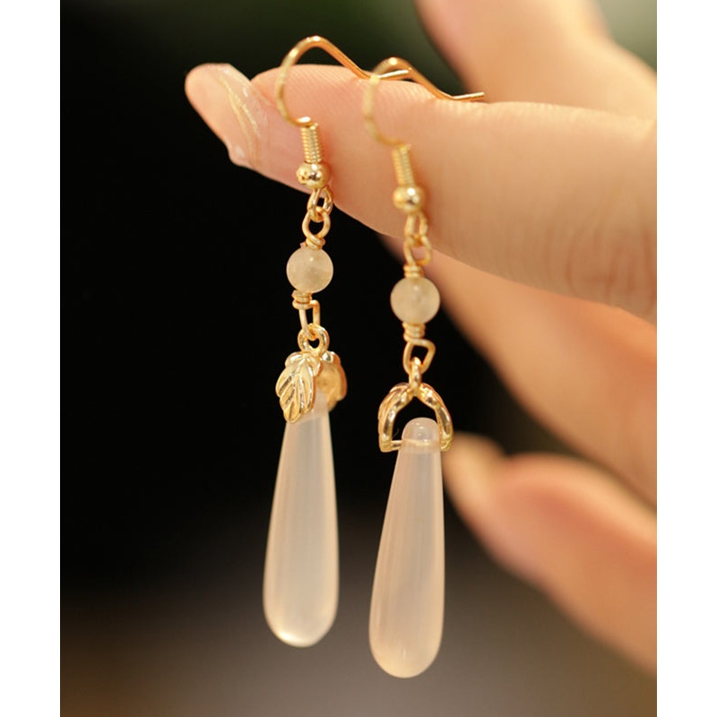 Brief White Copper Alloy Water Drop Chalcedony Drop Earrings