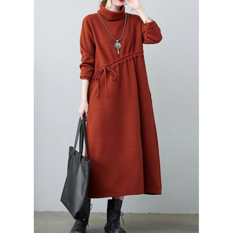 Caramel Drawstring Loose Knit Dresses Long Sleeve
