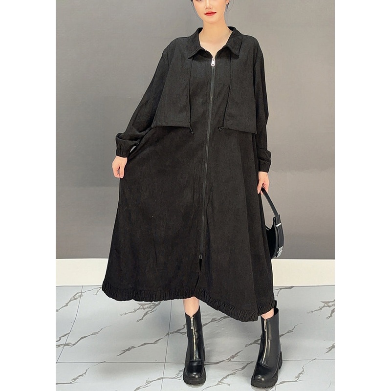 Casual Black Peter Pan Collar Pockets Corduroy Maxi Trench Coats Winter