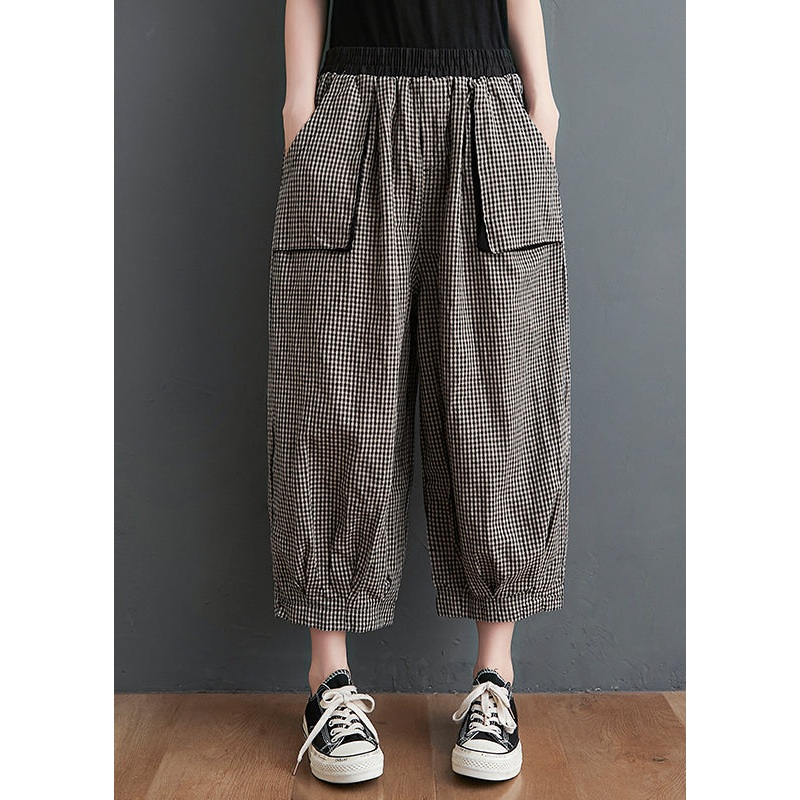 Casual Small Plaid Pockets Elastic Waist Cotton Crop Pants Summer