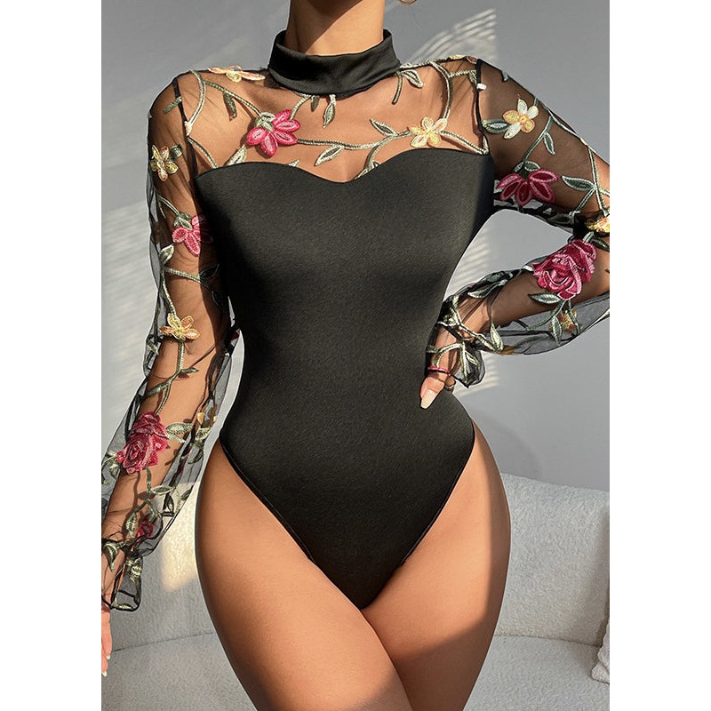 Chic Black Embroideried Hollow Out Tulle Bodysuit