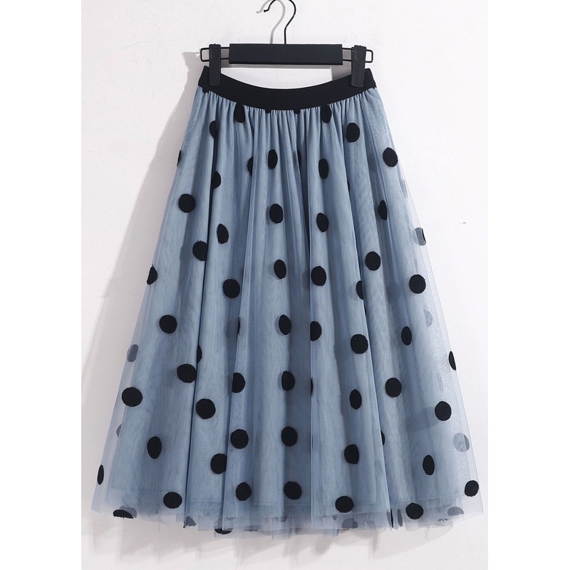 Chic Blue High Waist Oversized Dot Print Tulle Skirt Spring