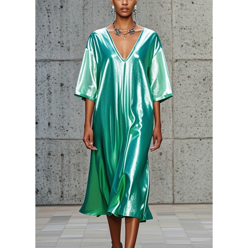 Chic Green V Neck Oversized Silk Vacation Dresses Summer