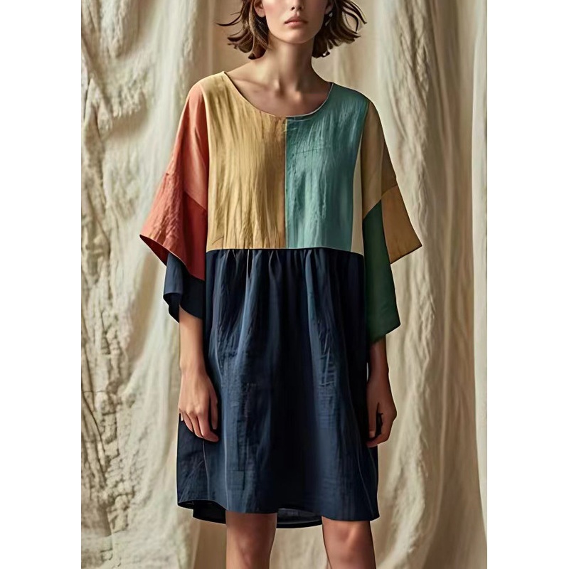Chic Navy O Neck Patchwork Linen Dress Half Sleeve