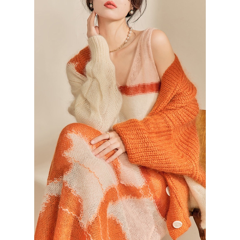 Chic Orange Print Ma Hai Mao Knitted Two Piece Set Outfits Fall