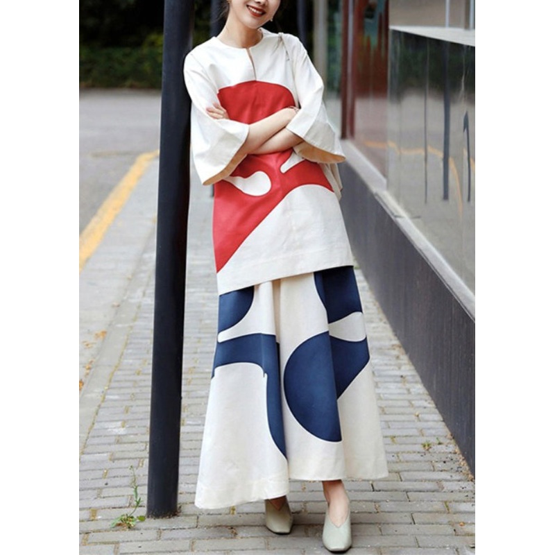 Chic Print Tops And Skirts Cotton Two Pieces Set Summer