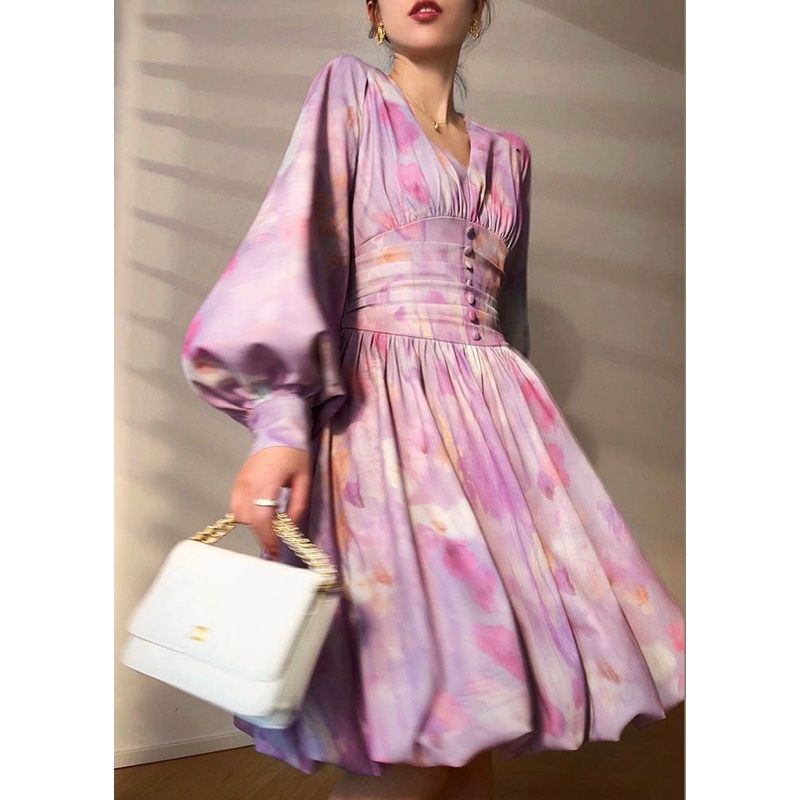 Chic Purple V Neck Tie Dye Button Chiffon Cinch Dress Lantern Sleeve