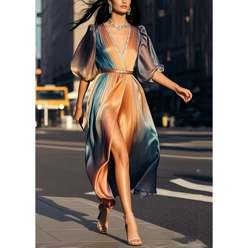 Chic Tie Dye Side Open Silk Cinched Dress Summer