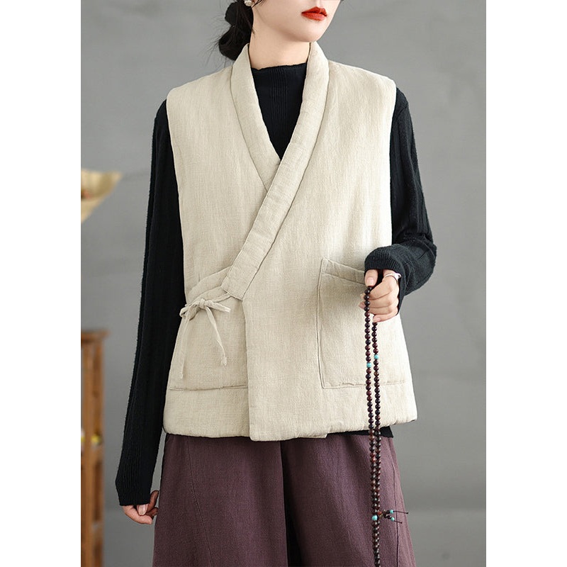Chinese Style Beige V Neck Lace Up Fine Cotton Filled Vest Sleeveless