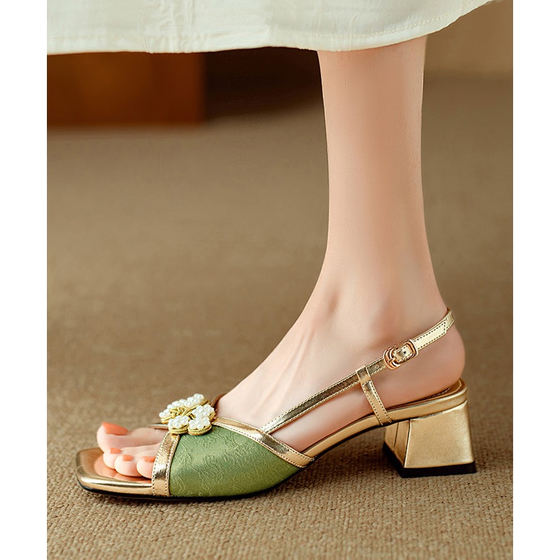 Chinese Style Chunky Sandals Green Cowhide Leather Peep Toe