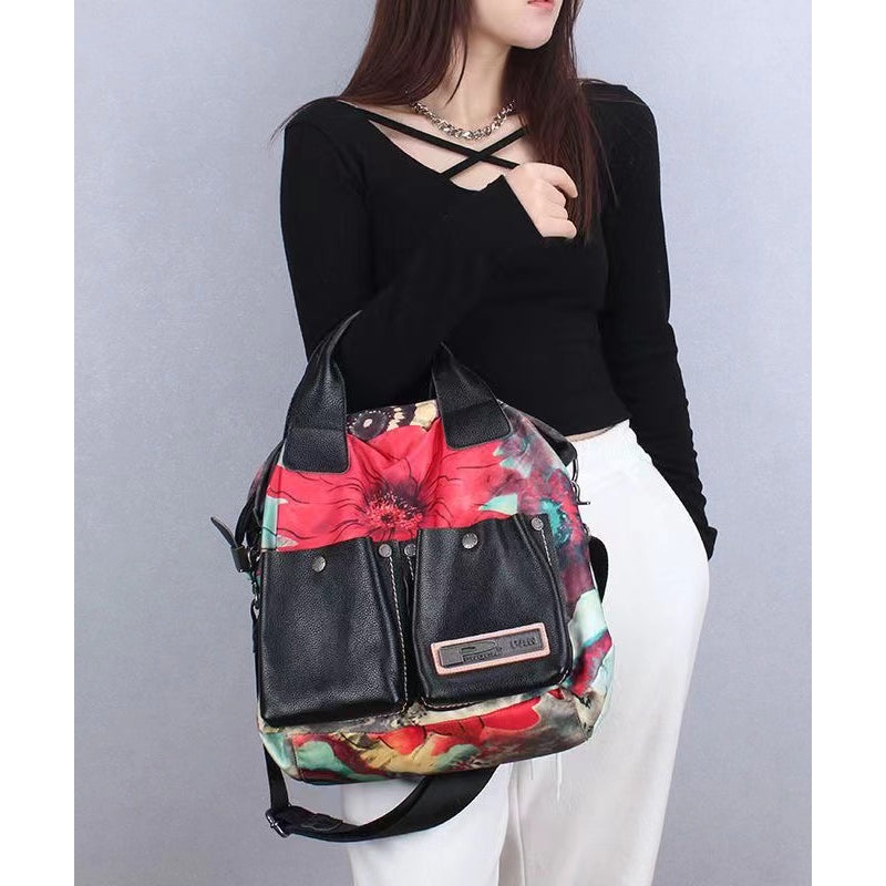 Classic Large Capacity Canvas Patchwork Calf Leather Tote Handbag