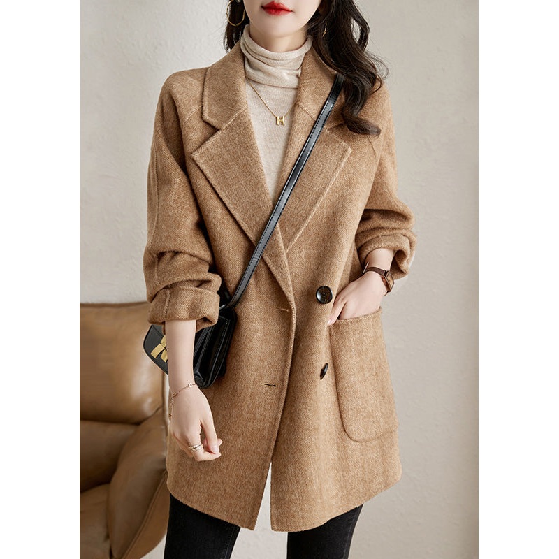Classy Camel Peter Pan Collar Pockets Woolen Coats Spring
