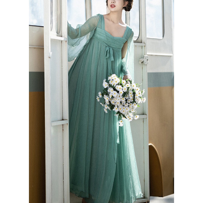 Classy Green Square Collar Wrinkled Lace Up Chiffon Dresses Summer
