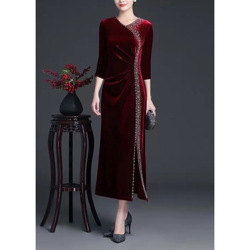 Classy Wine Red V Neck Zircon Side Open Silk Velour Long Dress Fall