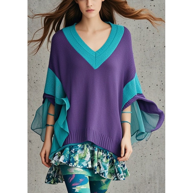 DIY Dull Purple V Neck Patchwork Tulle Sweater Fall
