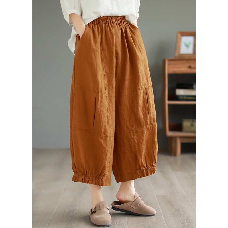 DIY Orange Ruffled Pockets Patchwork Linen Wide Leg Pants Summer