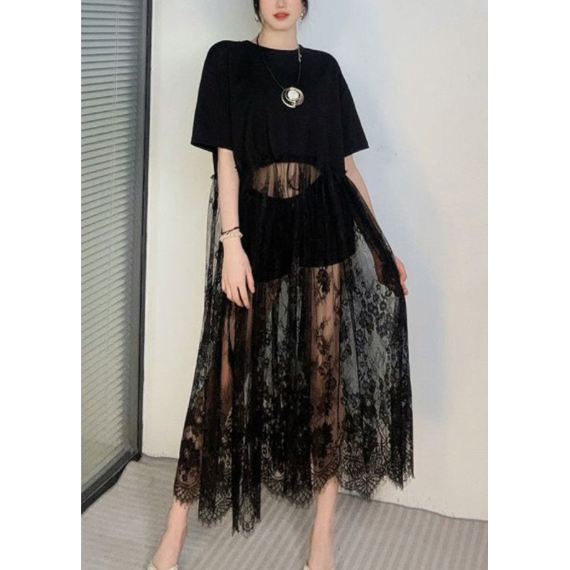 Elegant Black Hollow Out Lace Patchwork T Shirt Dress Summer