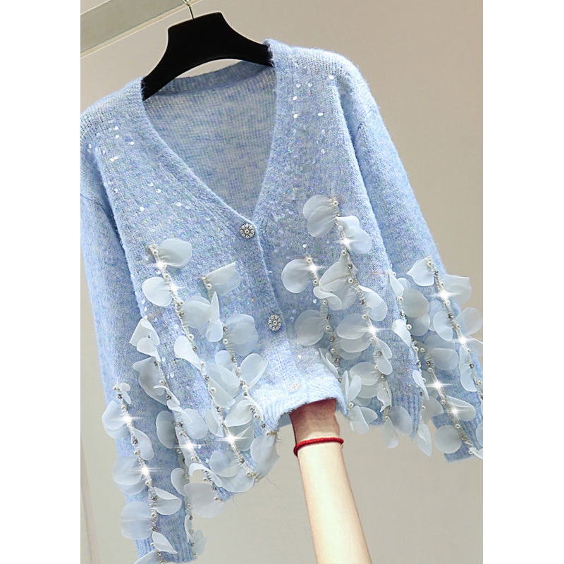 Elegant Blue V Neck Sequins Nail Bead Tassel Cotton Knit Sweater Tops Winter