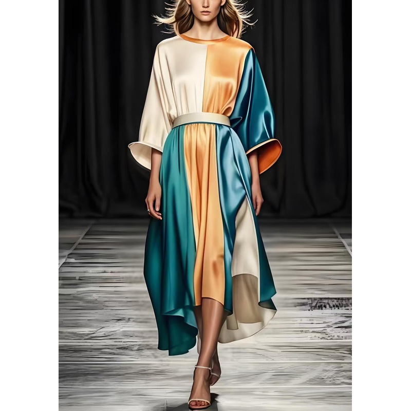 Elegant Colorblock Cinched Patchwork Silk Long Dresses Spring