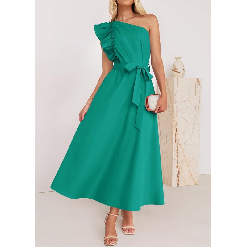 Elegant Green Ruffled Tie Waist Cotton Long Dress Summer