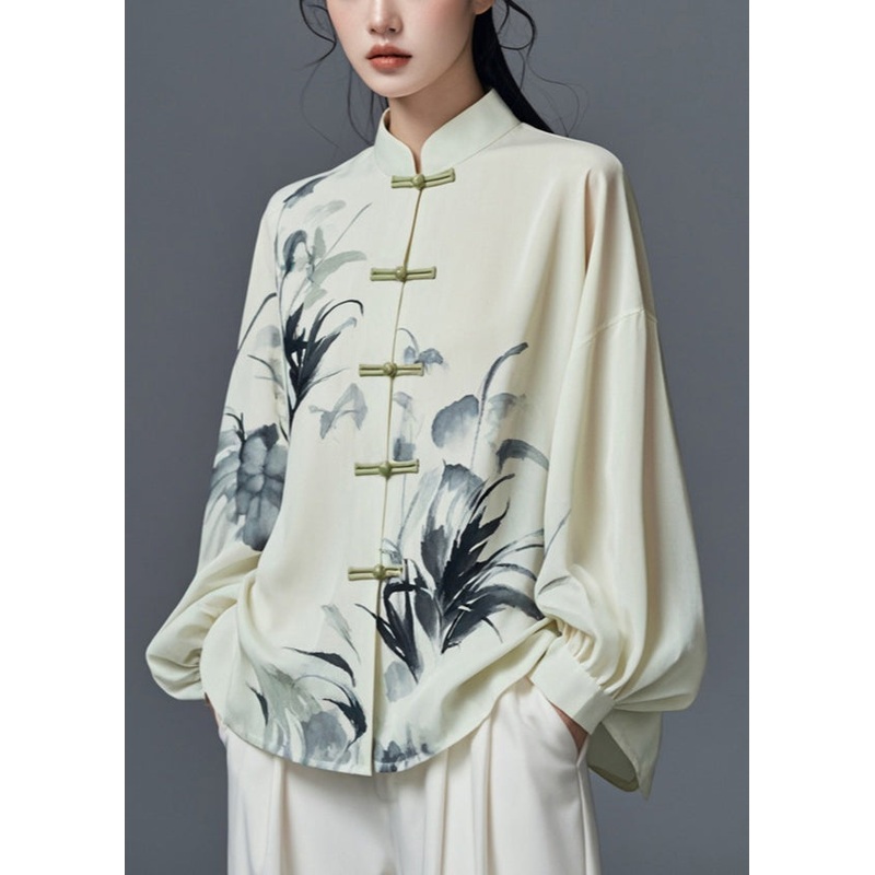 Elegant Light Green Stand Collar Print Cotton Shirt Fall