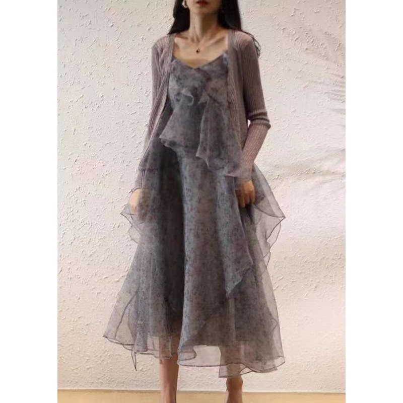 Elegant Purple Ruffled Print Chiffon Sets 2 Pieces Spring