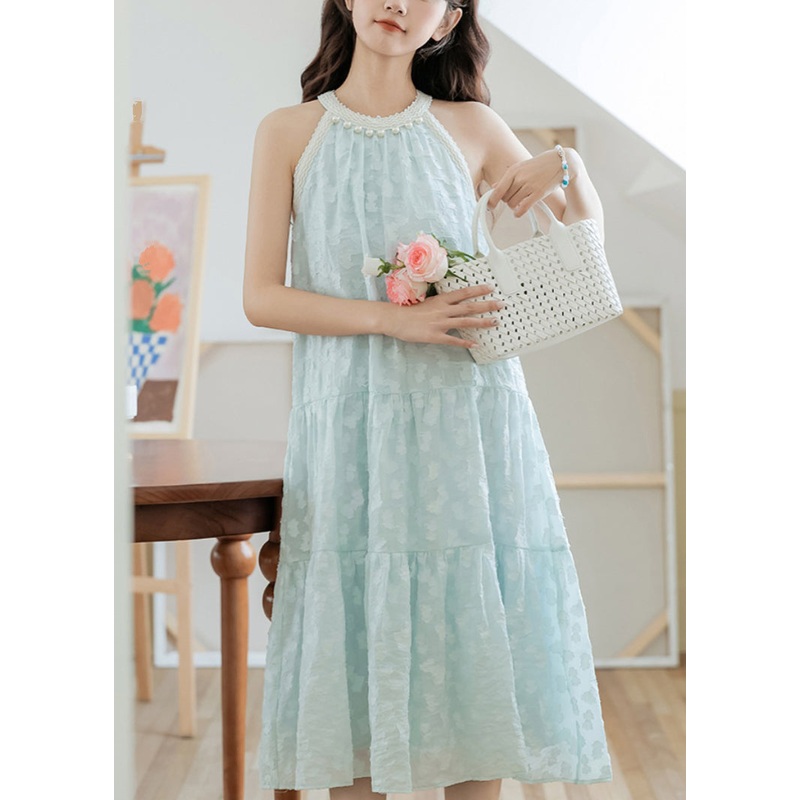 Elegant Sky Blue Pearl Bow Cotton Dresses Sleeveless