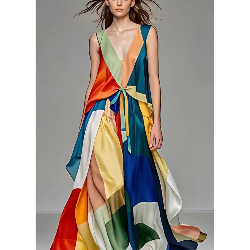 Elegant V Neck Lace Up Patchwork Silk Long Dresses Sleeveless