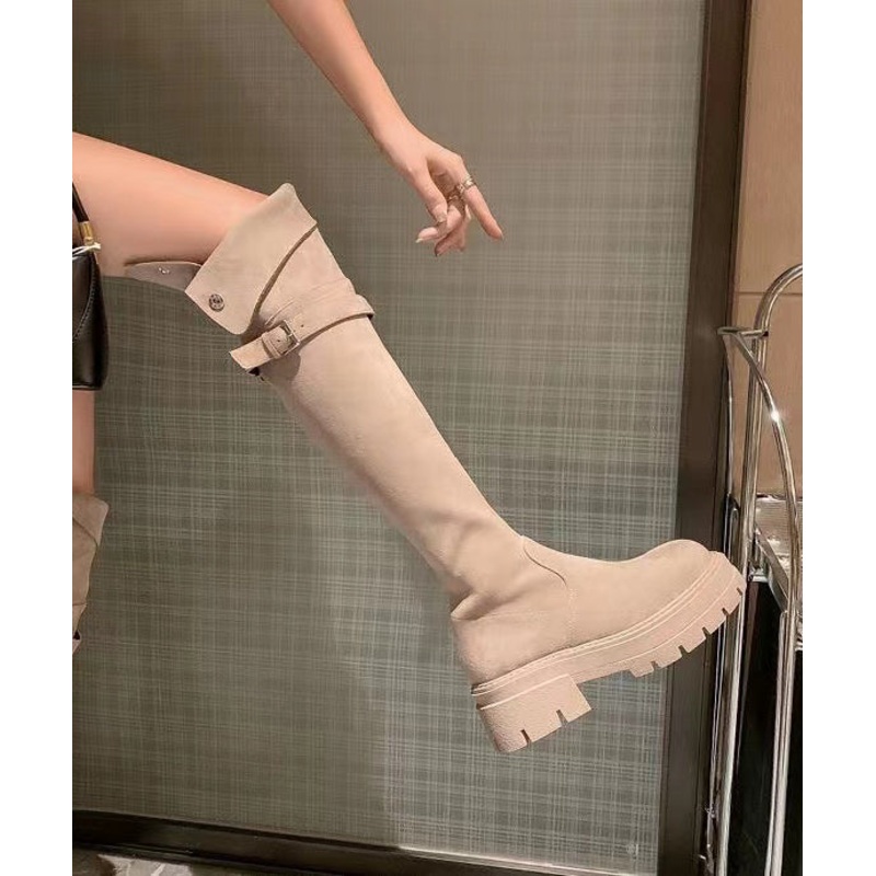 European And American Style Apricot Belt Buckle Platform Boots