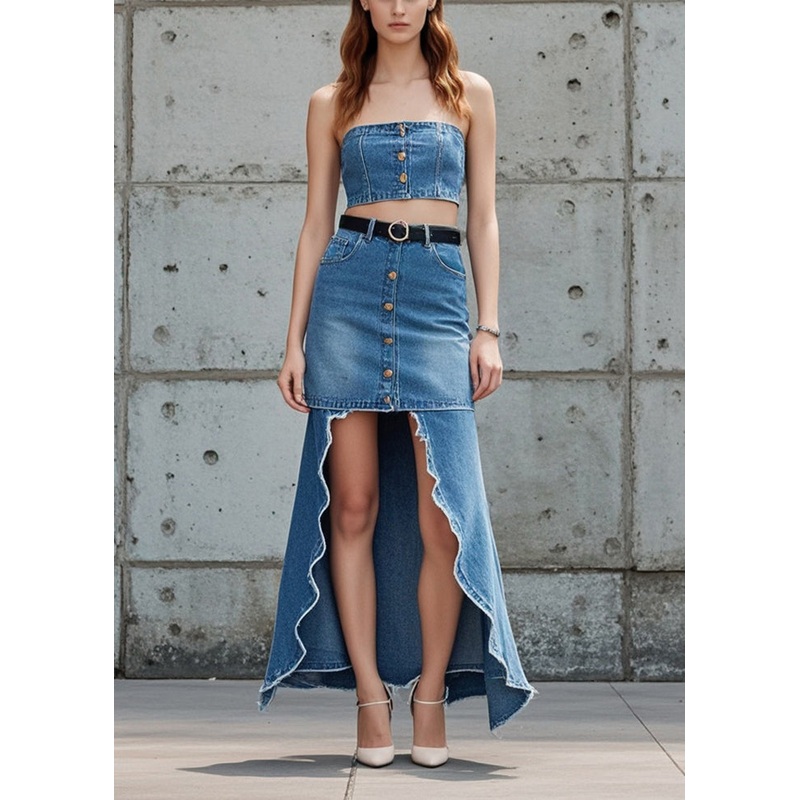 Fashion Blue Low High Design Patchwork Denim Skirts Fall