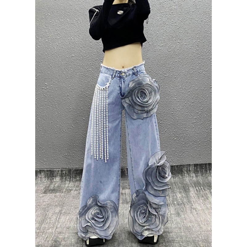 Fashion Blue Pockets Floral Bead Tassel Denim Pants Fall